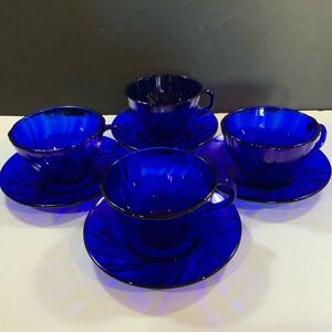 Duralex Rivage Cobalt Blue Cup and Saucer 4 Sets Glass Made in France EUC #52